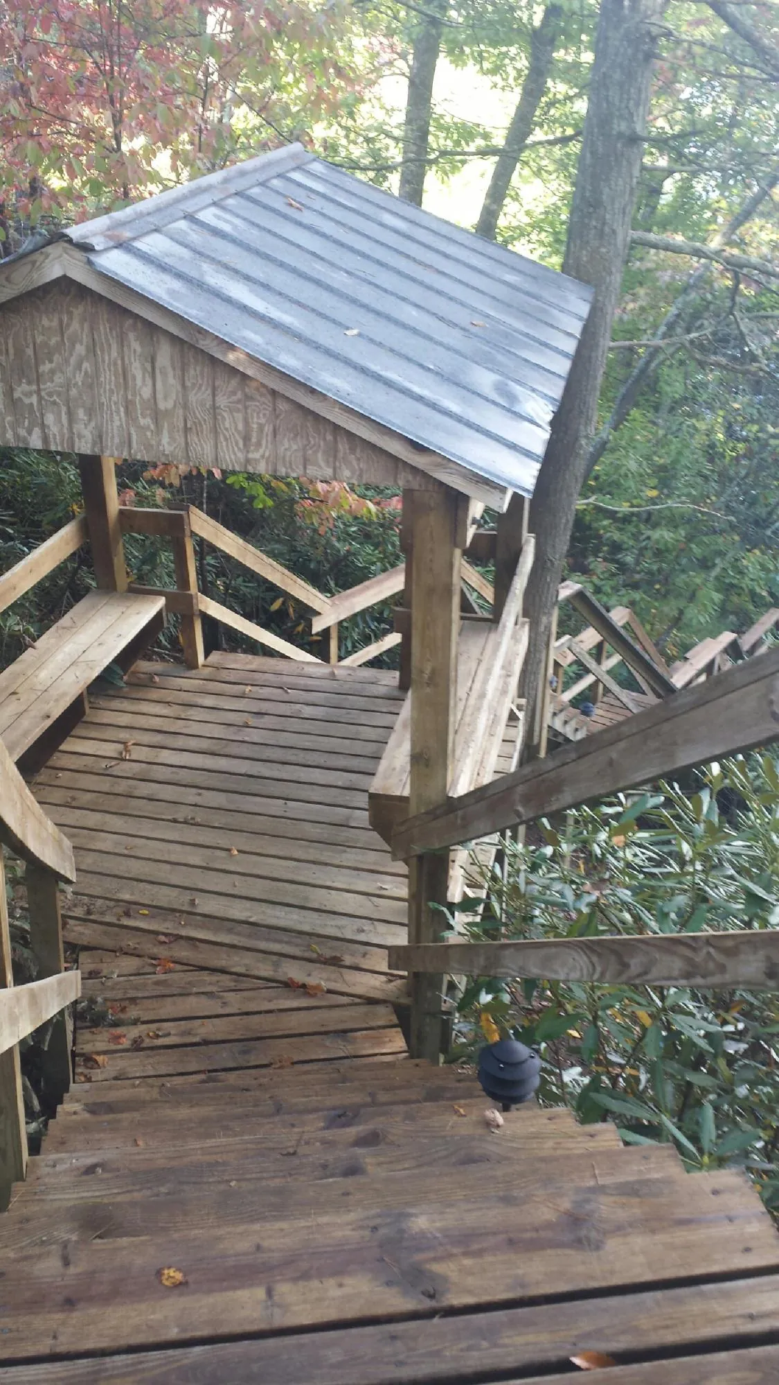 Metal roofed shelter over wooden steps on a wooded walkway — Skylight Repair & Installation work by our crew in Anniston